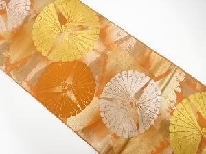 アンティーク　服部織物製　こはく錦　霞に三つ扇模様織り出し袋帯(材料)